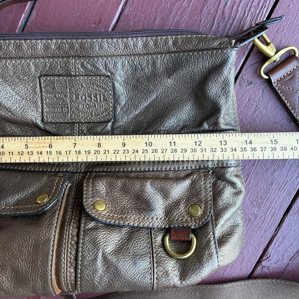 Fossil Morgan Metallic Bronze Gold Pebbled Leather Crossbody Bag Large